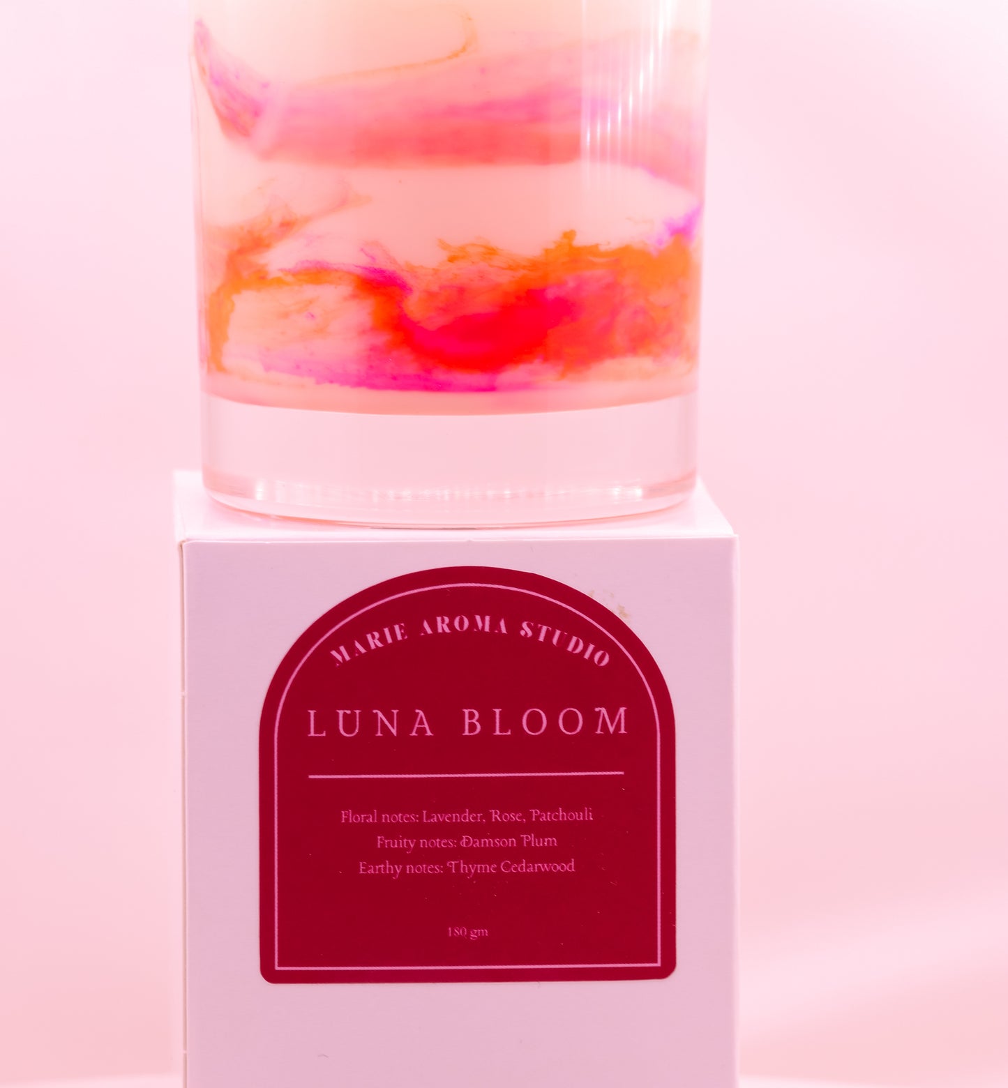 Home decor and fragrances. Lavender, Rose and patchouli. Marble candle. Scented soy candle